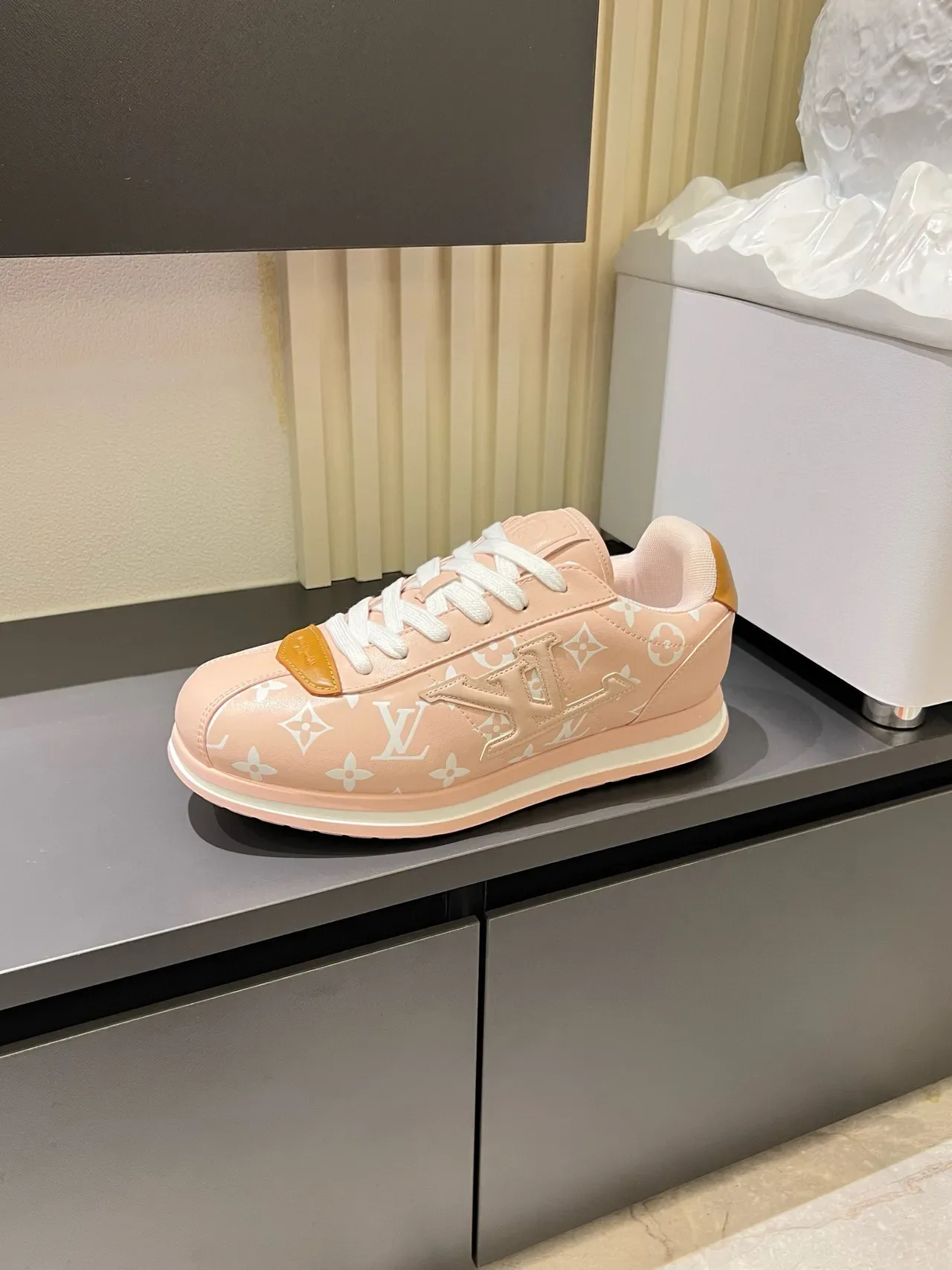 Louis Vuitton Pink Beige Monogram-Print Canvas Contrasting Tan Leather Accents Lifestyle Sneakers 5
