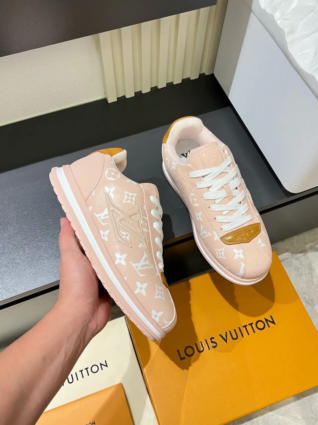 Louis Vuitton Pink Beige Monogram-Print Canvas Contrasting Tan Leather Accents Lifestyle Sneakers 6