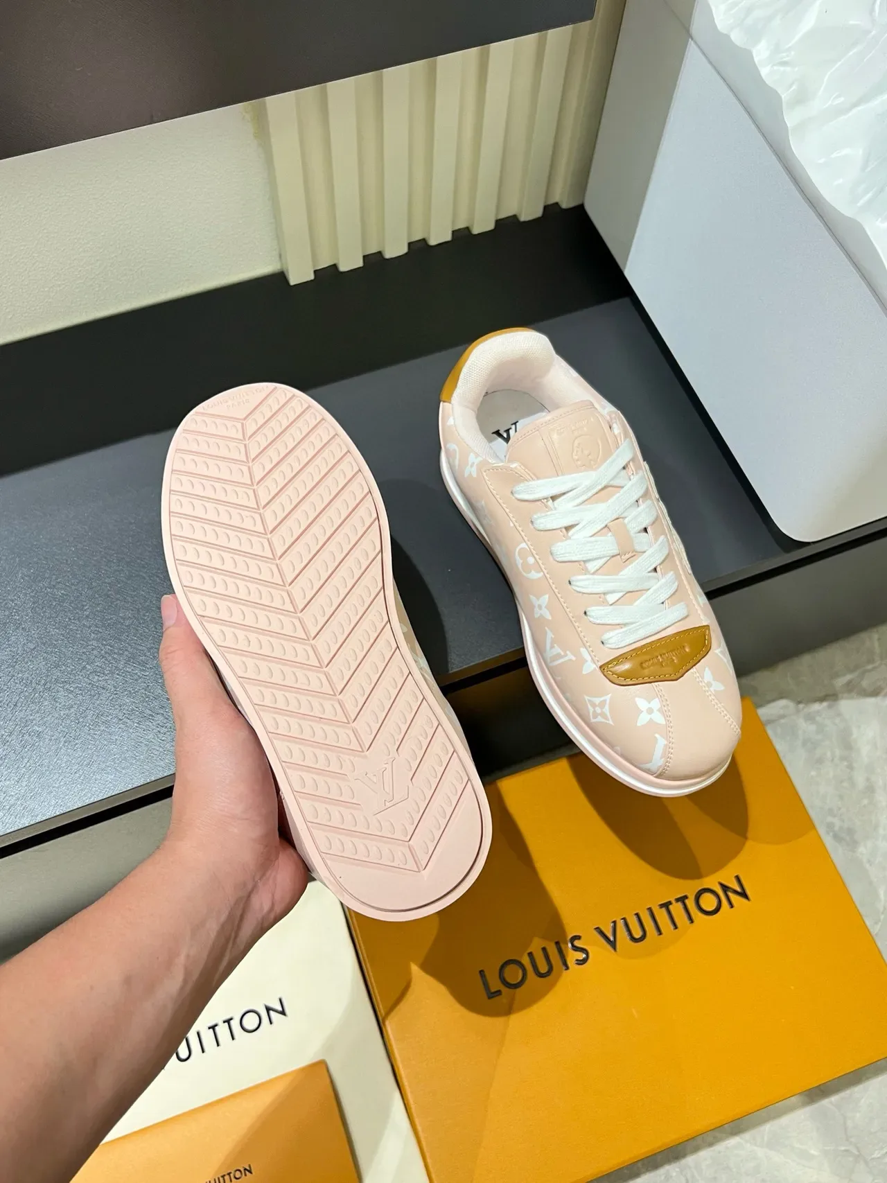 Louis Vuitton Pink Beige Monogram-Print Canvas Contrasting Tan Leather Accents Lifestyle Sneakers 7