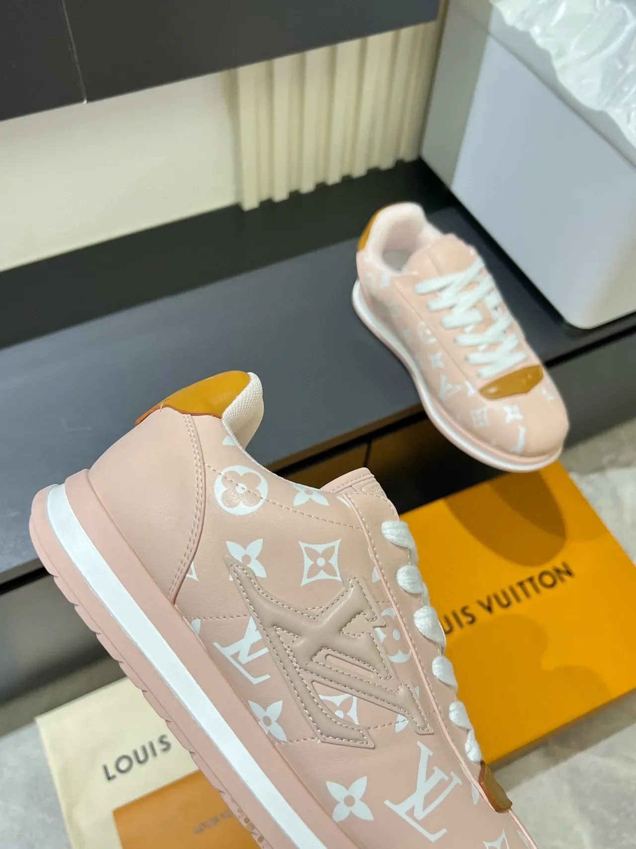 Louis Vuitton Pink Beige Monogram-Print Canvas Contrasting Tan Leather Accents Lifestyle Sneakers 8