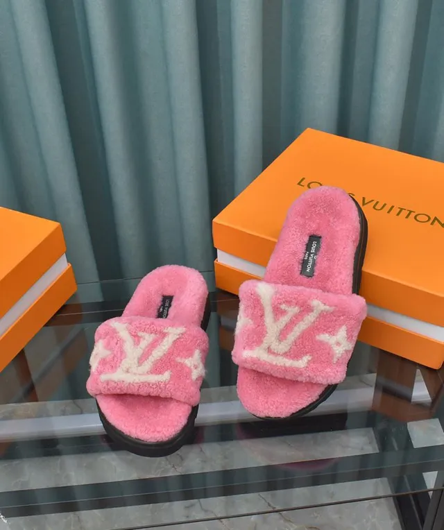Louis Vuitton Pink White Fluffy Shearling Monogrammed Strap Slippers 2
