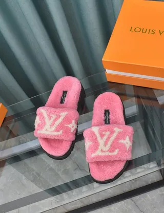 Louis Vuitton Pink White Fluffy Shearling Monogrammed Strap Slippers 4