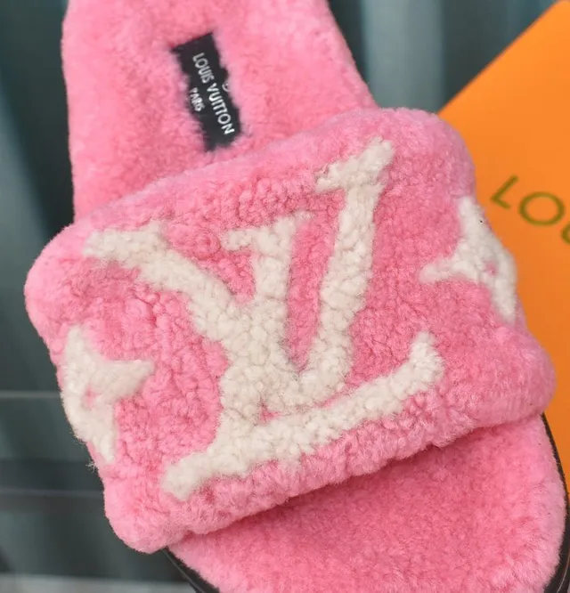 Louis Vuitton Pink White Fluffy Shearling Monogrammed Strap Slippers 5
