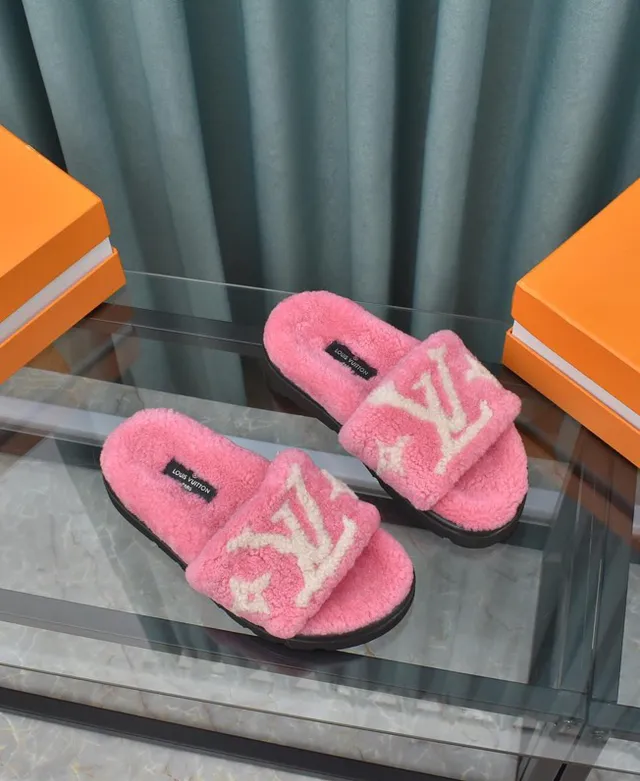 Louis Vuitton Pink White Fluffy Shearling Monogrammed Strap Slippers 6