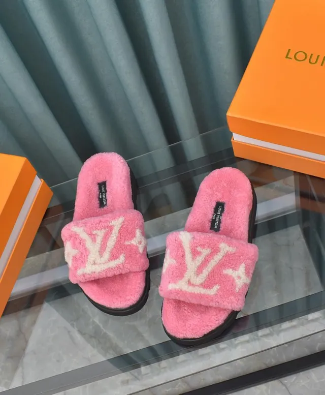 Louis Vuitton Pink White Fluffy Shearling Monogrammed Strap Slippers 8