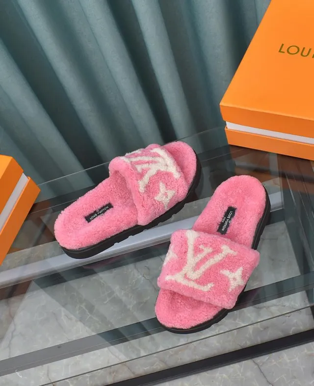 Louis Vuitton Pink White Fluffy Shearling Monogrammed Strap Slippers 9