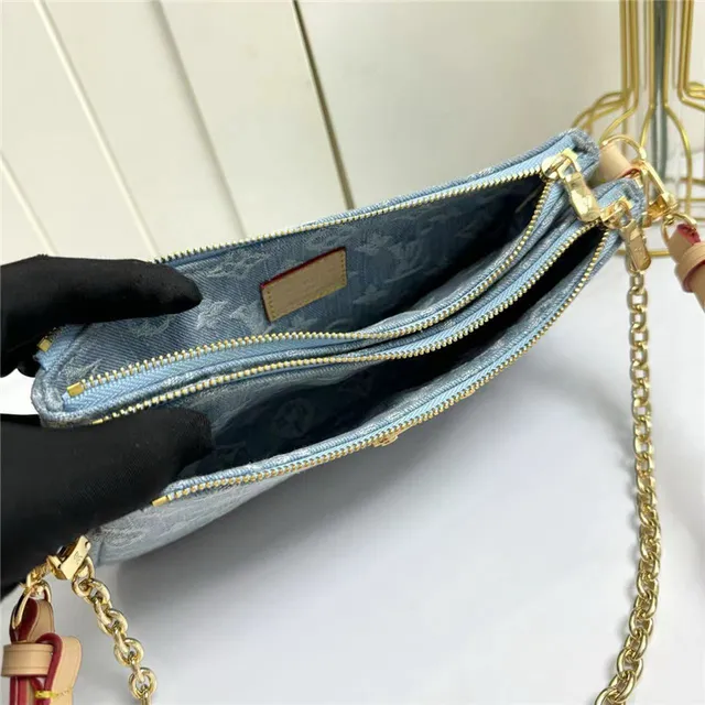 Louis Vuitton Pochette Metis Blue Gold Denim Monogram Strap Chain Bag 2