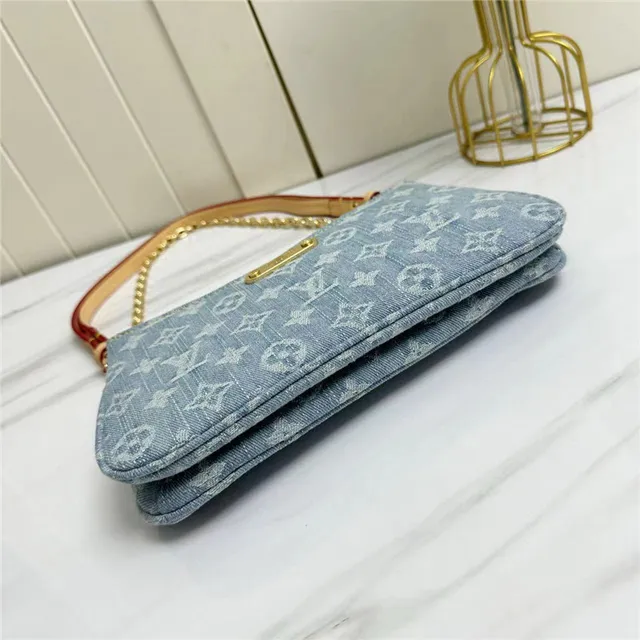 Louis Vuitton Pochette Metis Blue Gold Denim Monogram Strap Chain Bag 5