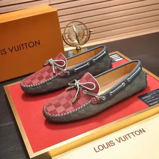 Louis Vuitton Red Gray Damier Check Canvas Navy Leather Trim Loafer
