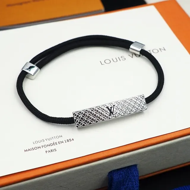 Louis Vuitton Red Navy Cord-Wrapped Engraved Metal Bar Bracelet 2