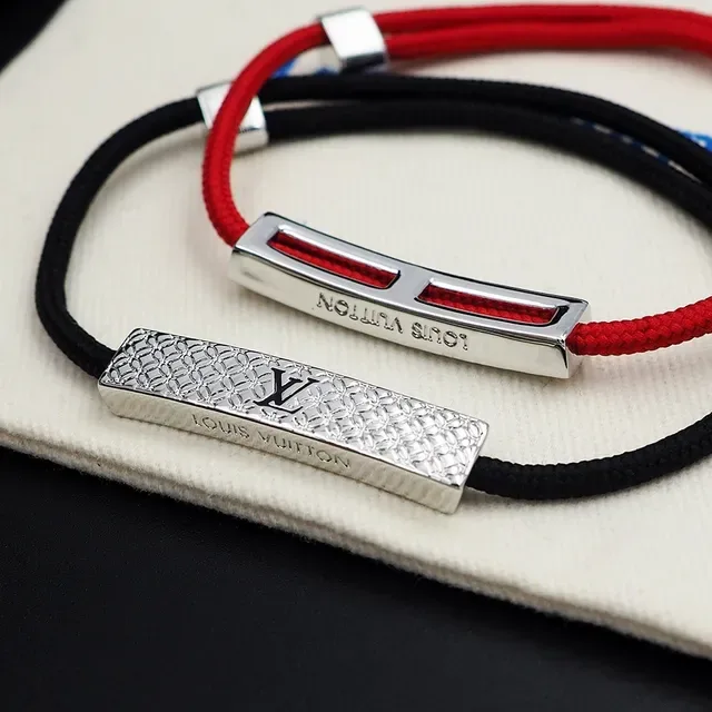 Louis Vuitton Red Navy Cord-Wrapped Engraved Metal Bar Bracelet 3