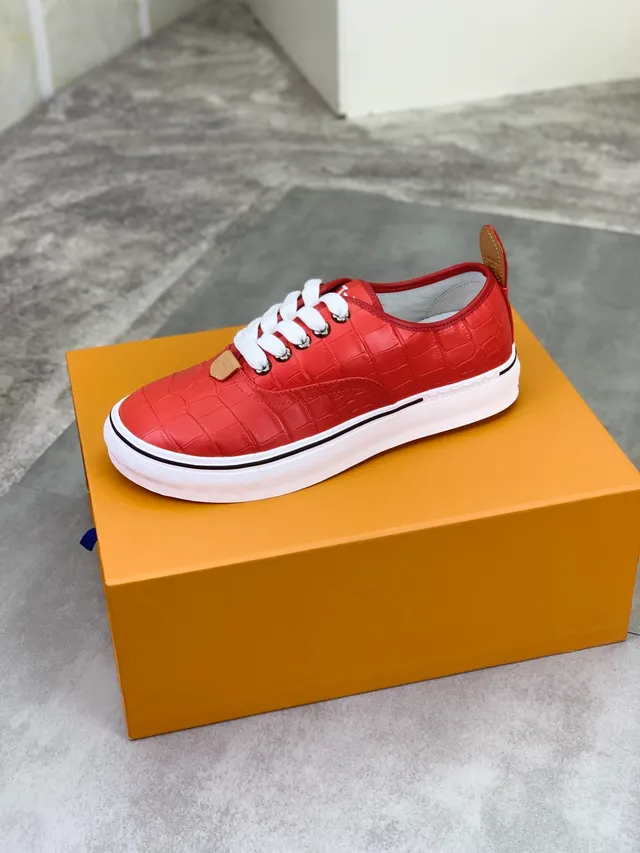 Louis Vuitton Red White Croc-Embossed Leather Laces Lifestyle Sneakers 4