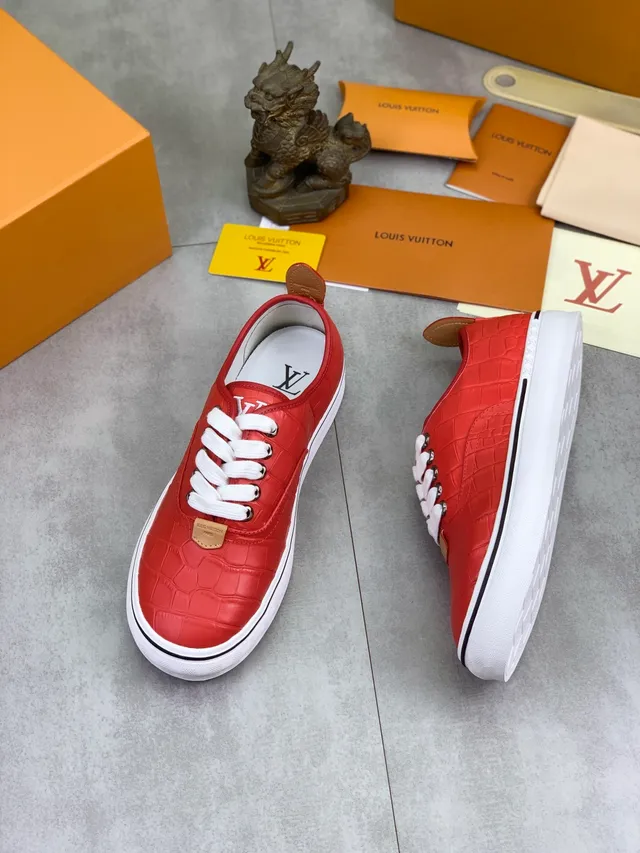 Louis Vuitton Red White Croc-Embossed Leather Laces Lifestyle Sneakers 5
