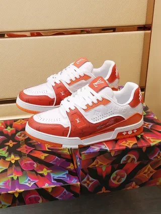 Louis Vuitton Red White Monogram-Printed Layered-Overlay Lifestyle Sneakers 3