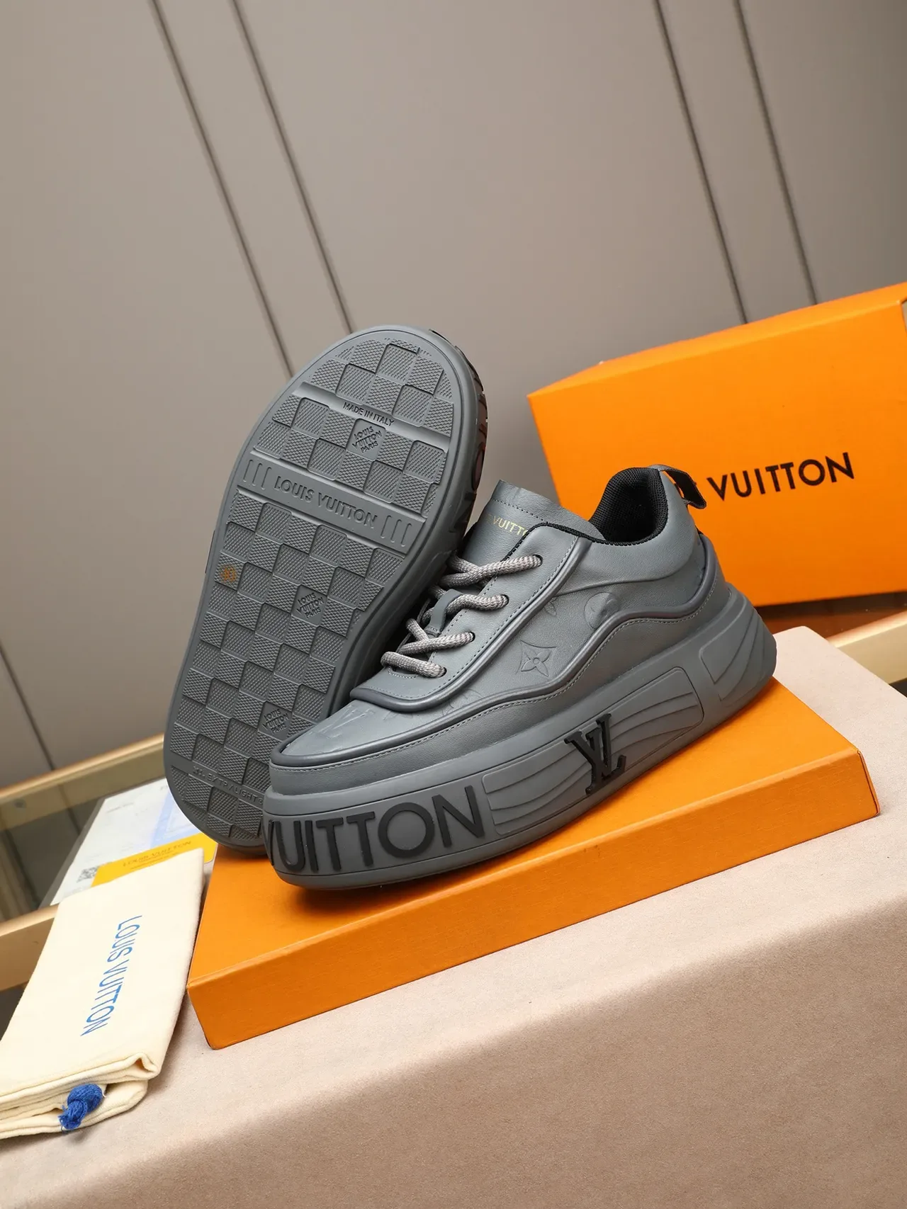 Louis Vuitton Run Away Gray Monogram Leather Lifestyle Sneakers 4