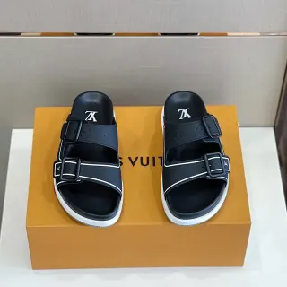 Louis Vuitton Run Away Slide Black White Two-Strap Buckle Closure Piping Detail Slippers