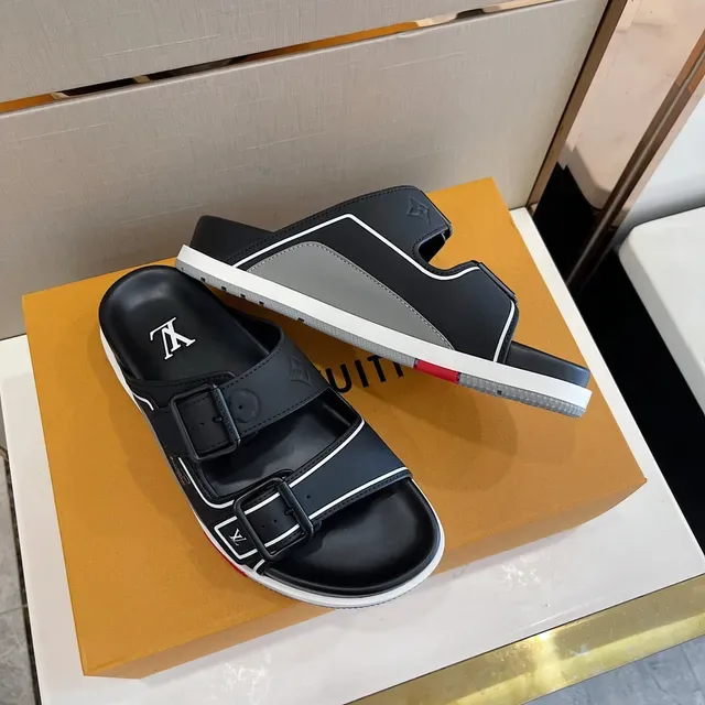 Louis Vuitton Run Away Slide أسود أبيض حزامين إبزيم إغلاق تفصيل Piping شرائح 3