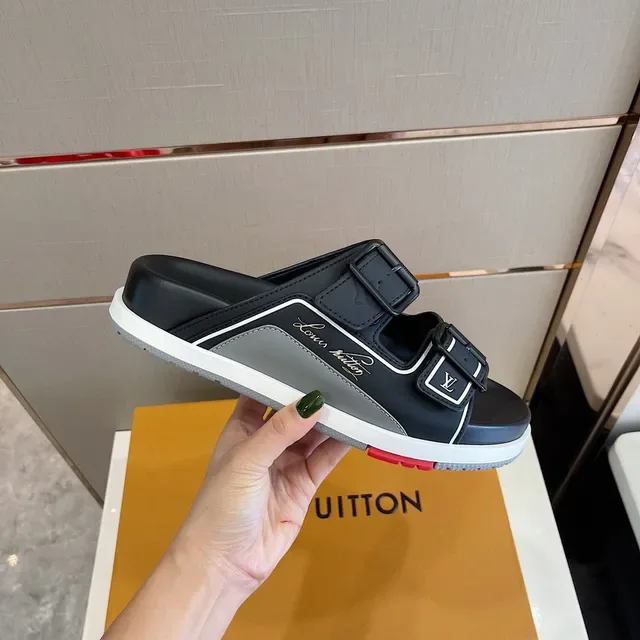 Louis Vuitton Run Away Slide أسود أبيض حزامين إبزيم إغلاق تفصيل Piping شرائح 6