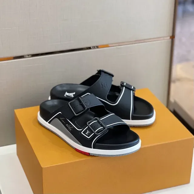 Louis Vuitton Run Away Slide أسود أبيض حزامين إبزيم إغلاق تفصيل Piping شرائح 7