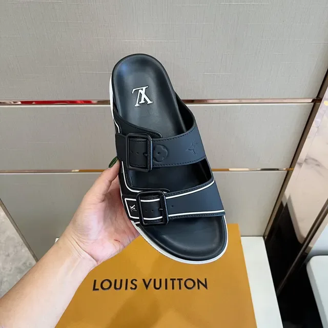 Louis Vuitton Run Away Slide أسود أبيض حزامين إبزيم إغلاق تفصيل Piping شرائح 8