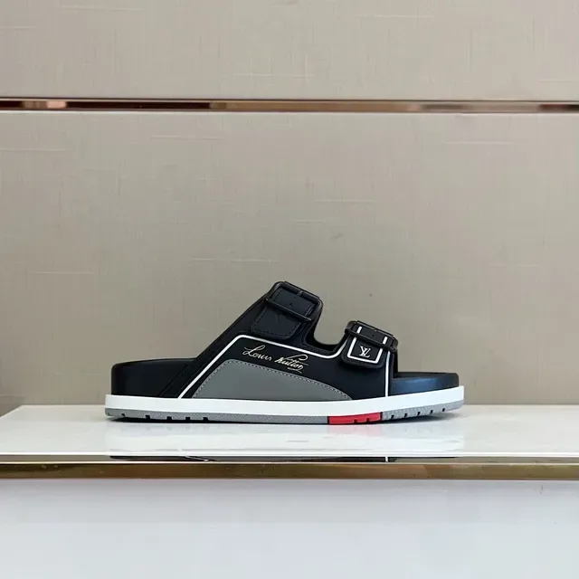 Louis Vuitton Run Away Slide أسود أبيض حزامين إبزيم إغلاق تفصيل Piping شرائح 9