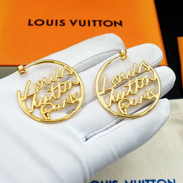 Louis Vuitton Script Logo Hoop Gold Earrings 7