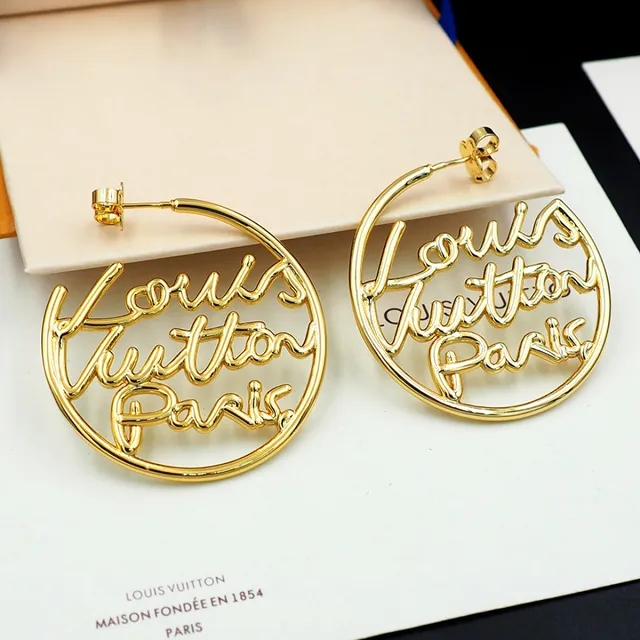 Louis Vuitton Script Logo Hoop Gold Earrings 9
