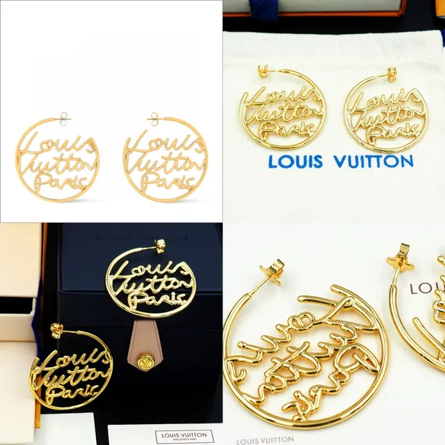Louis Vuitton Script Logo Hoop Gold Earrings 12