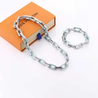 Louis Vuitton Silver Blue Chunky Link Chain Enamel-Inlaid Necklace