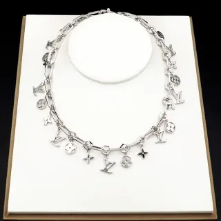 Louis Vuitton Silver Chunky Link Chain Dangling Monogram Charms Necklace
