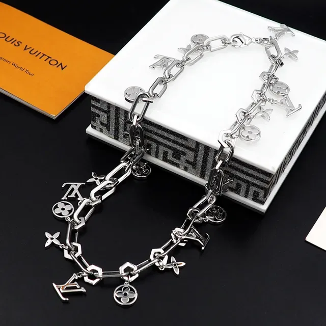 Louis Vuitton Silver Chunky Link Chain Dangling Monogram Charms Necklace 4