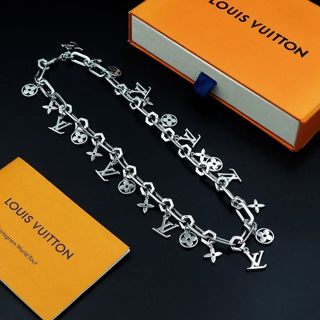 Louis Vuitton Silver Chunky Link Chain Dangling Monogram Charms Necklace 5