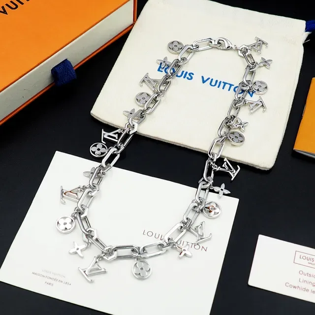 Louis Vuitton Silver Chunky Link Chain Dangling Monogram Charms Necklace 8