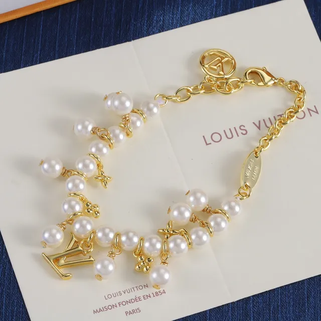 Louis Vuitton Silver Gold Pearl-Strung Monogram-Charm Bracelet 2