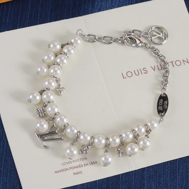 Louis Vuitton Silver Gold Pearl-Strung Monogram-Charm Bracelet 3