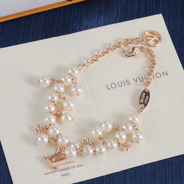Louis Vuitton Silver Gold Pearl-Strung Monogram-Charm Bracelet 4