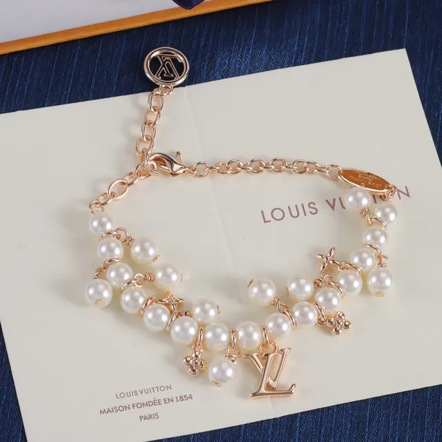 Louis Vuitton Silver Gold Pearl-Strung Monogram-Charm Bracelet 5