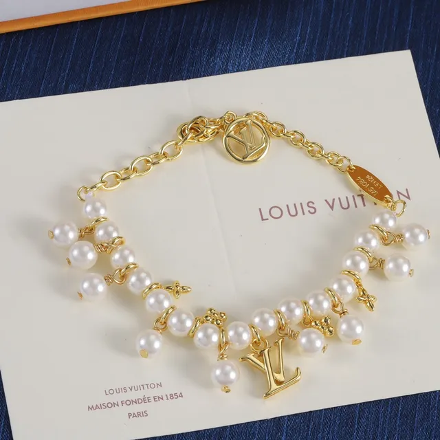 Louis Vuitton Silver Gold Pearl-Strung Monogram-Charm Bracelet 6