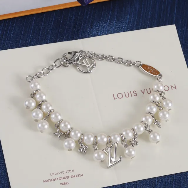 Louis Vuitton Silver Gold Pearl-Strung Monogram-Charm Bracelet 7