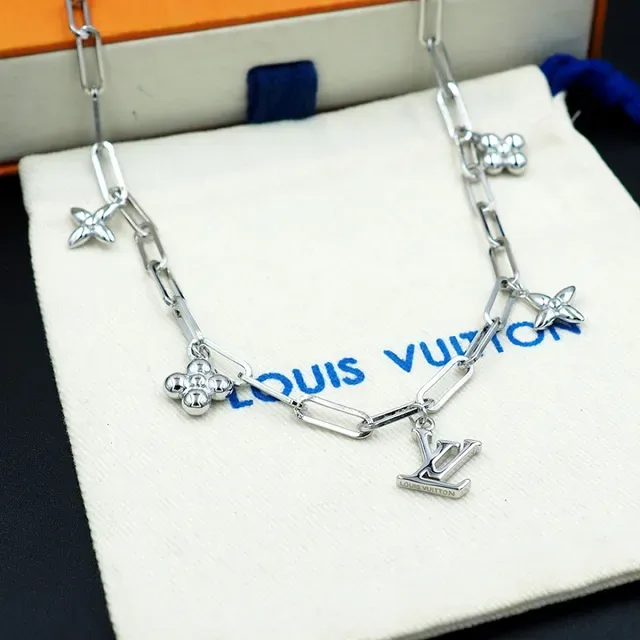Louis Vuitton Silver Paperclip-Link Chain LV Monogram Pendant Necklace 2