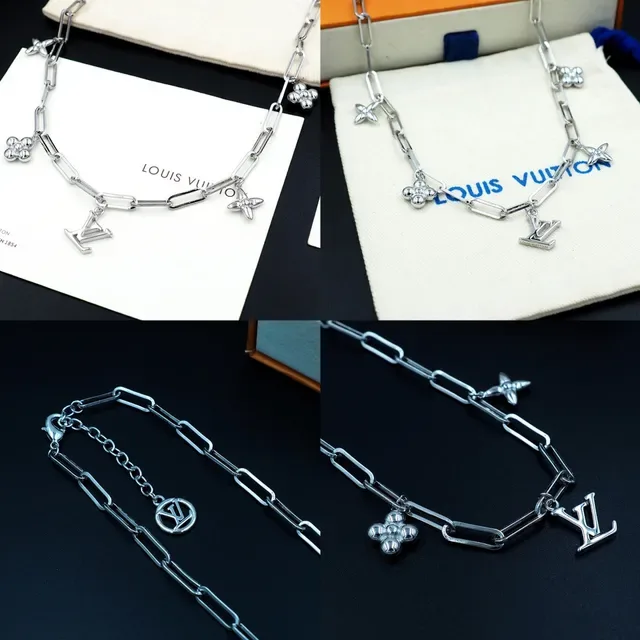 Louis Vuitton Silver Paperclip-Link Chain LV Monogram Pendant Necklace 4