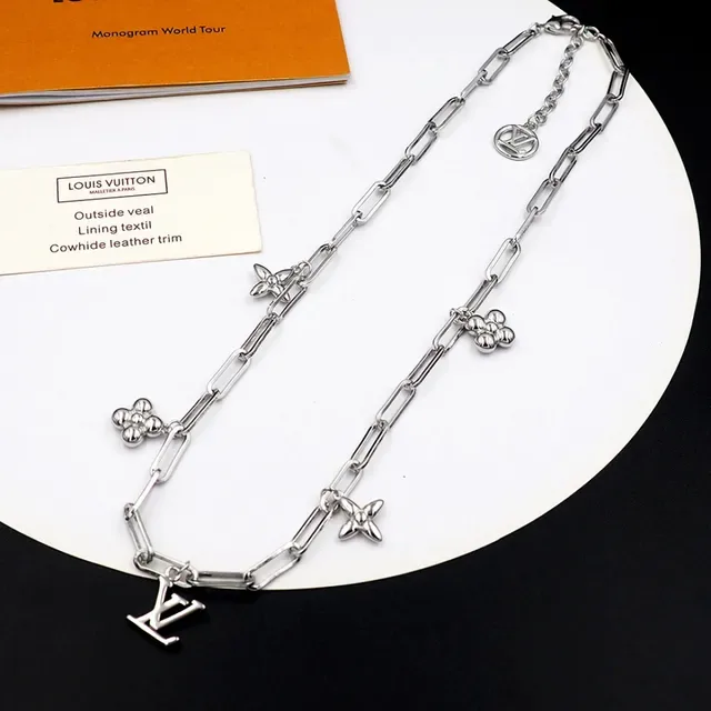 Louis Vuitton Silver Paperclip-Link Chain LV Monogram Pendant Necklace 5