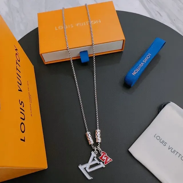 Louis Vuitton Silver Red Chain Monogram Bead Charms Necklace 5