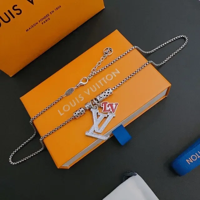 Louis Vuitton Silver Red Chain Monogram Bead Charms Necklace 6