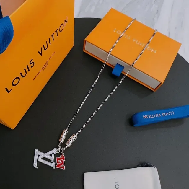 Louis Vuitton Silver Red Chain Monogram Bead Charms Necklace 9