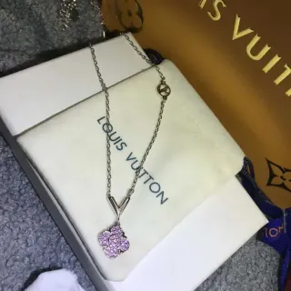 Louis Vuitton Silver-Tone V-Bail Pink Crystal Flower Pendant Necklace