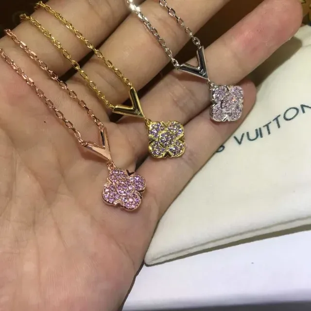 Louis Vuitton Silver-Tone V-Bail Pink Crystal Flower Pendant Necklace 2