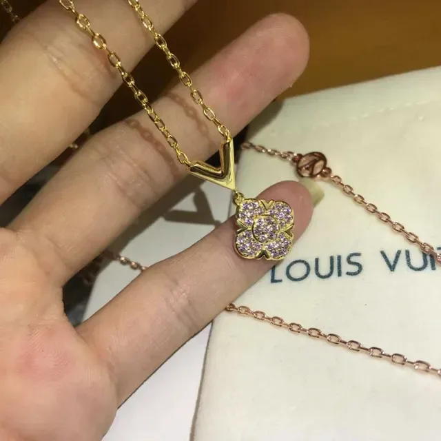 Louis Vuitton Silver-Tone V-Bail Pink Crystal Flower Pendant Necklace 3