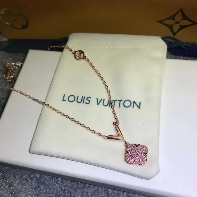 Louis Vuitton Silver-Tone V-Bail Pink Crystal Flower Pendant Necklace 4