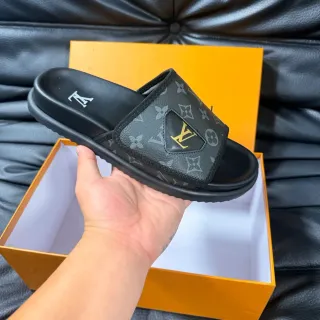 Louis Vuitton Slide Black Gold Monogrammed Canvas Upper Logo Patch Slippers